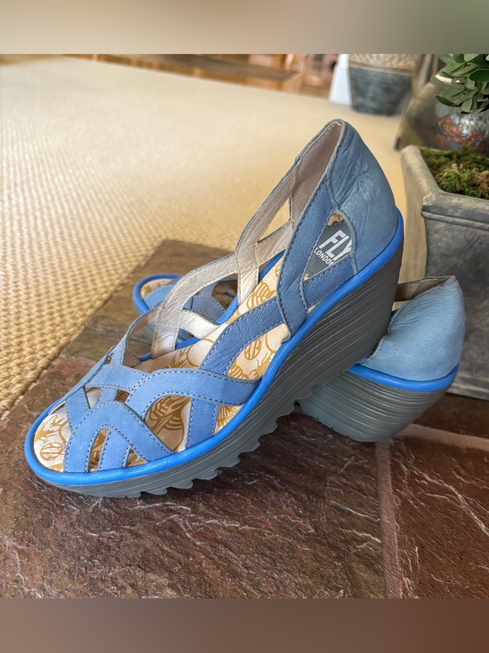 Fly London Yadi Sandals Wedges Slip On Leather Peep Toe Blue EU 37 / US 6.5-7